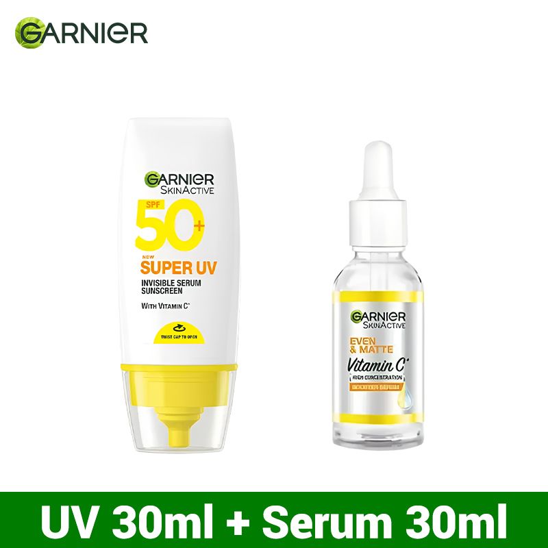 【New Product】Garnier Even & Matte Day Routine Go-Pack ; Day Serum 30ml+ Super UV Spf 50 Serum 30ml