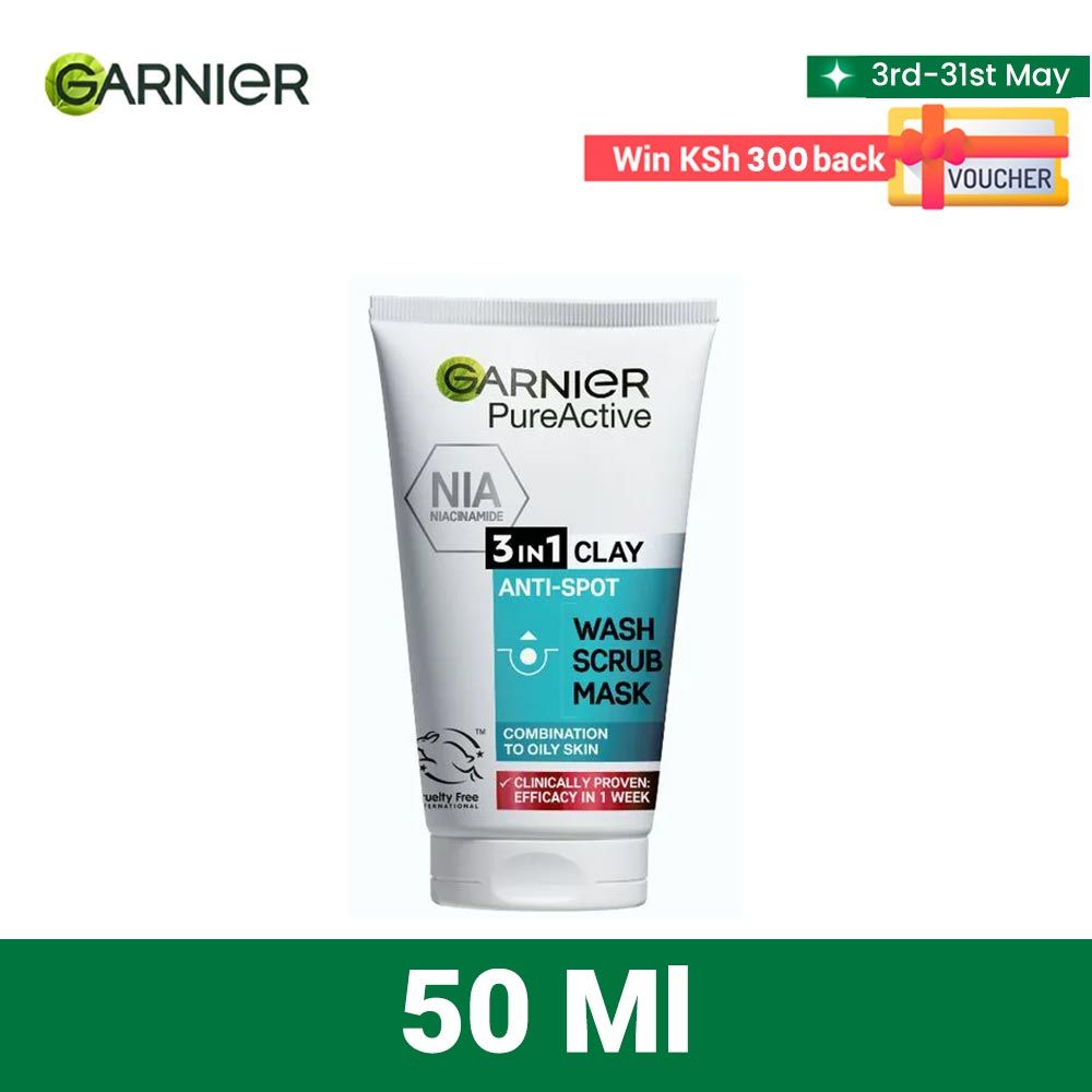 Garnier Pure Active Cleanser 3 in 1 Clay Wash, Scrub, Mask 50ml