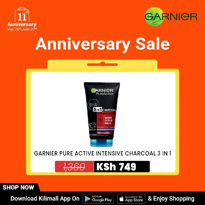 【Free UV sachet】Garnier Pure Active 3 In1 Charcoal Anti Blackhead Mask Wash Scrub -150ml