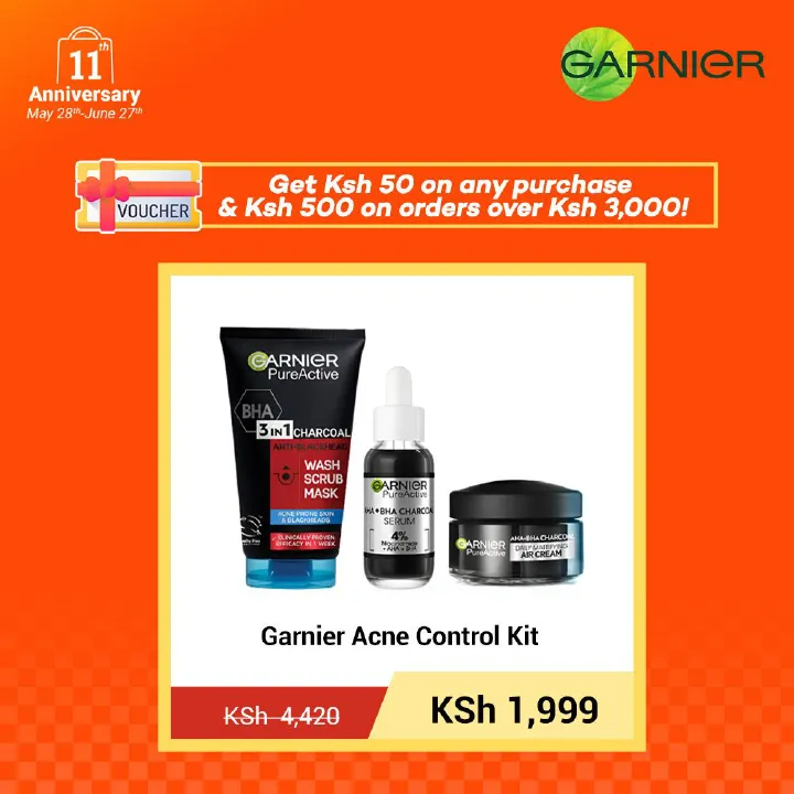 【Free UV sachet】Garnier Acne Control Kit:  Pure Active Charcoal Wash+ Serum + Air Cream