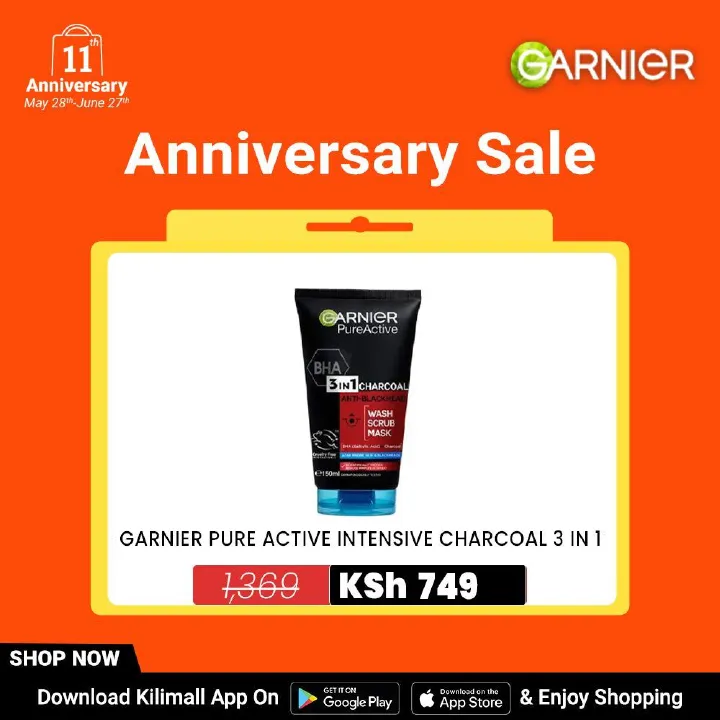 【Discounted】Garnier Pure Active 3 In1 Charcoal Anti Blackhead Mask Wash Scrub -150ml