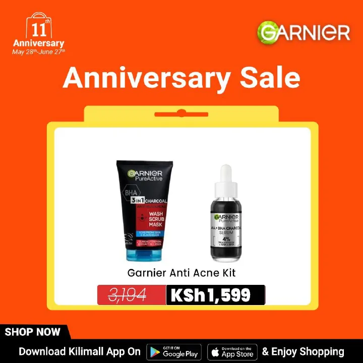 【Discounted】Garnier AHA+BHA Charcoal Serum + Pure Active 3-in-1 Charcoal Mask-(Anti-acne kit)