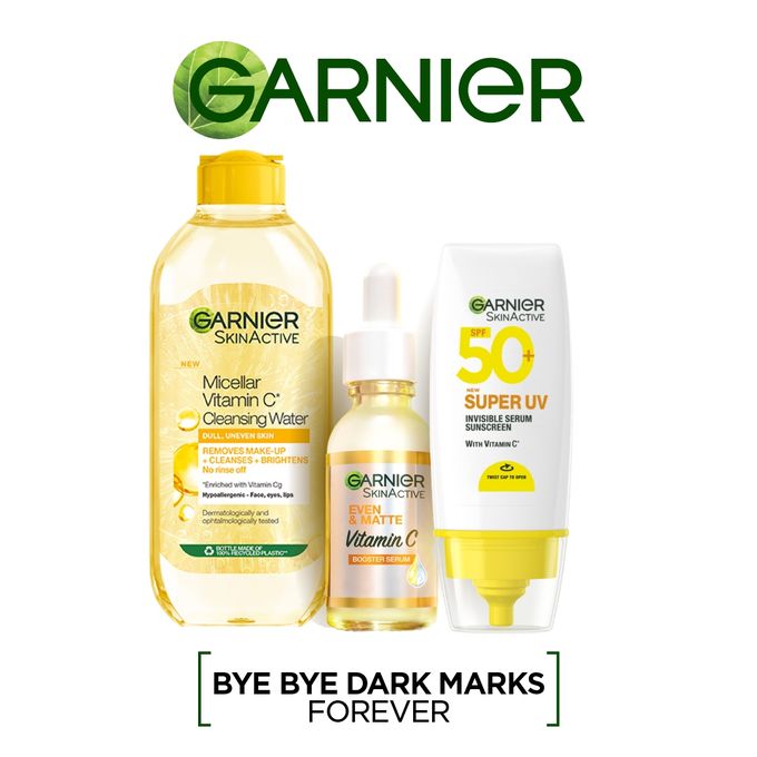 Garnier Even & Matte Super Day Cleanse & Protect Kit: Super UV SPF 50 Sunscreen + Micellar Water 400ml + Day Serum 15ml