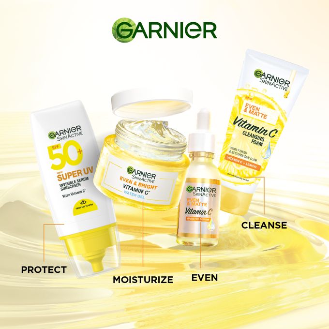 【Discounted】Garnier Even & Matte Even Glow MIni-Routine Kit: Super UV SPF 50 Sunscreen + Water Gel Glow Moisturizer + Day Serum 15ml + Cleanser 50ml.