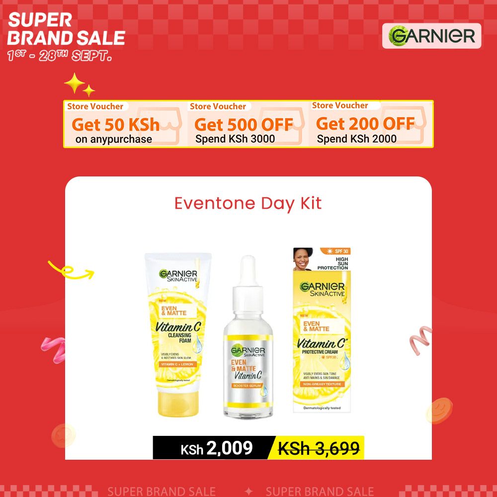 【Discounted】Garnier Eventone Day Routine Kit: Even & Matte Vitamin C Cleansing Foam 50ml + Serum 15ml+ Sunscreen Spf 30 50ml