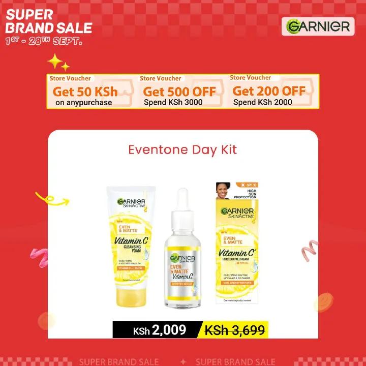 【Discounted】Garnier Eventone Day Routine Kit: Even & Matte Vitamin C Cleansing Foam 50ml + Serum 15ml+ Sunscreen Spf 30 50ml