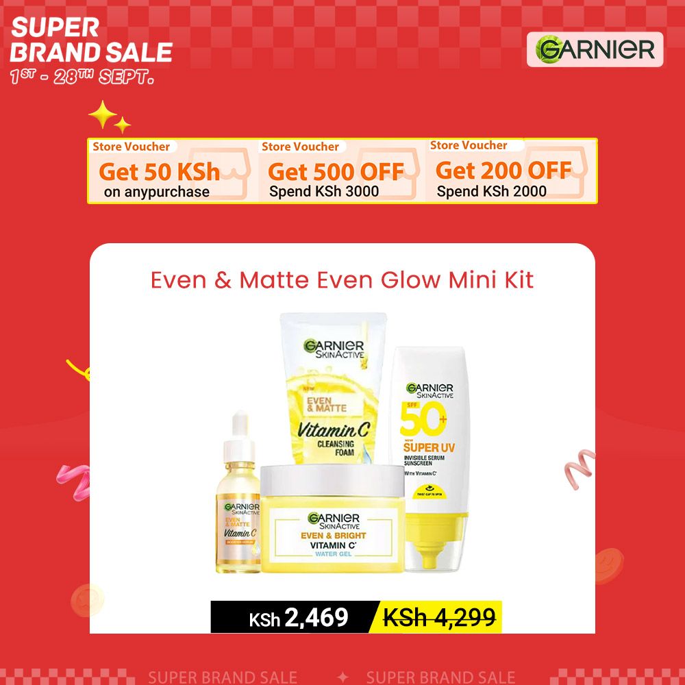 【Discounted】Garnier Even & Matte Even Glow Mini-Routine Kit: Super UV SPF 50 Sunscreen + Water Gel Glow Moisturizer + Day Serum 15ml + Cleanser 50ml.