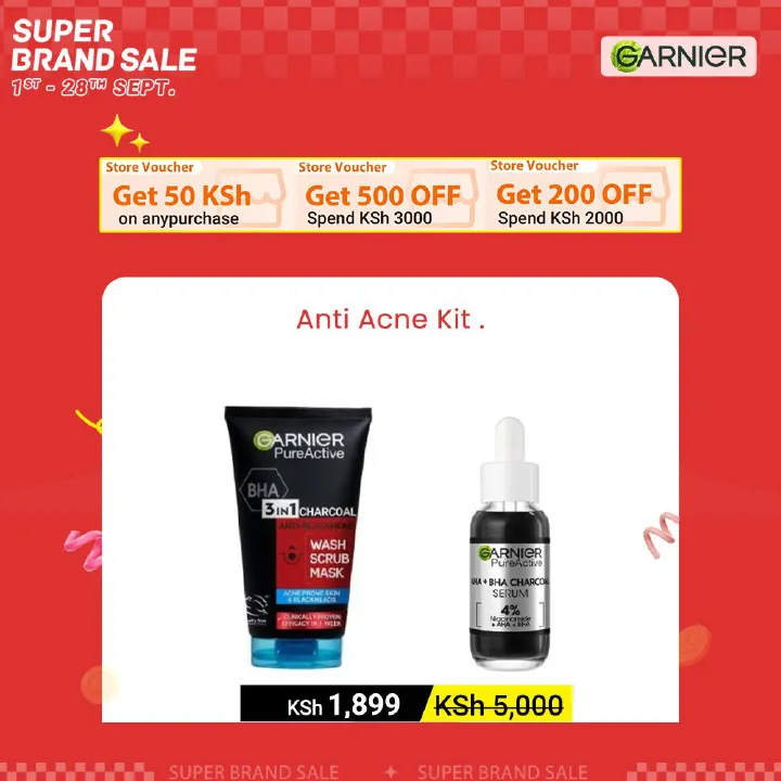 【Discounted】Garnier AHA+BHA Charcoal Serum + Pure Active 3-in-1 Charcoal Mask-(Anti-acne kit)