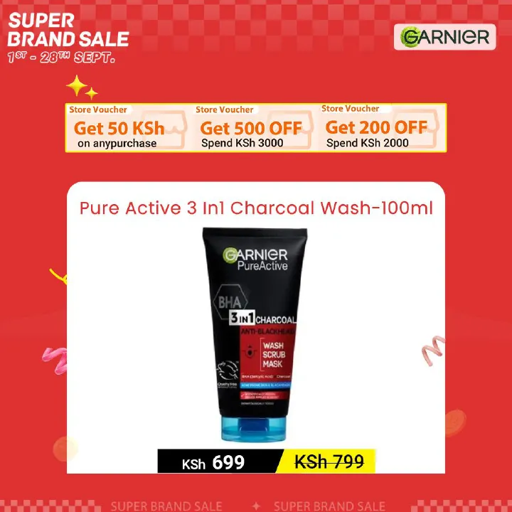 【Discounted】Garnier Pure Active 3 In1 Charcoal Anti Blackhead Mask Wash Scrub -100ml