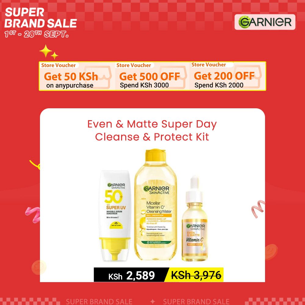 【Discounted】Garnier Even & Matte Super Day Cleanse & Protect Kit: Super UV SPF 50 Sunscreen + Micellar Water 400ml + Day Serum 15ml