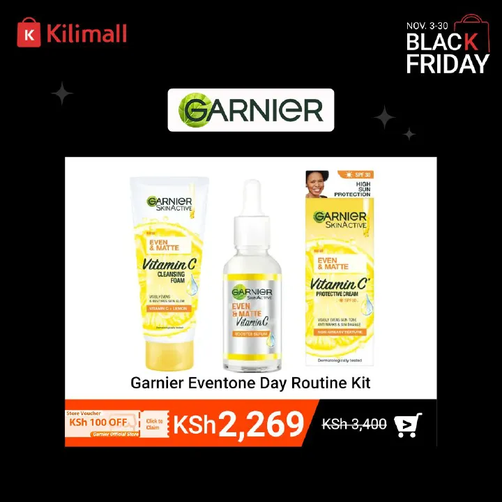 【Discounted】Garnier Eventone Day Routine Kit: Even & Matte Vitamin C Cleansing Foam 50ml + Serum 15ml+ Sunscreen Spf 30 50ml