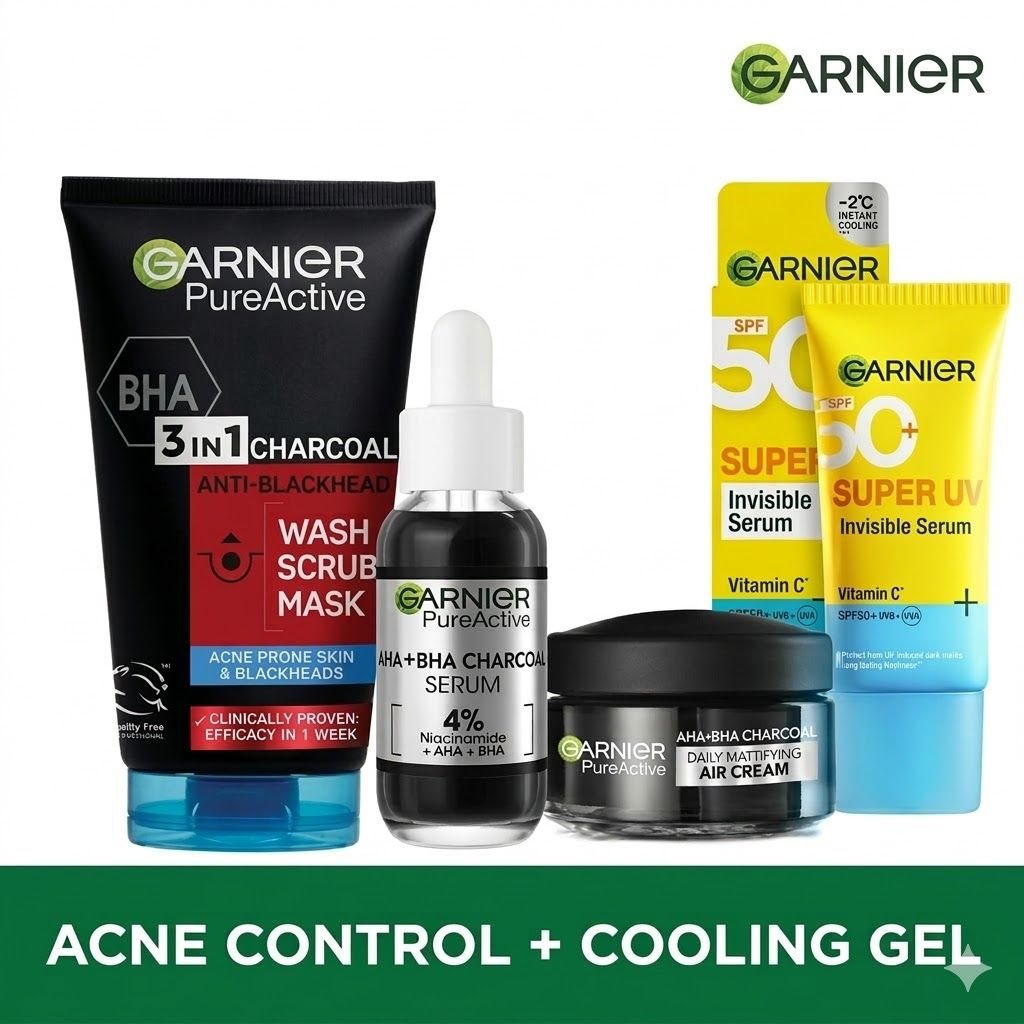 【New Combo】Garnier Acne Control Kit+ Cooling Gel UV :  Pure Active Charcoal Wash+ Serum + Air Cream + Cooling Gel