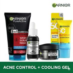 【New Combo】Garnier Acne Control Kit+ Cooling Gel UV :  Pure Active Charcoal Wash+ Serum + Air Cream + Cooling Gel