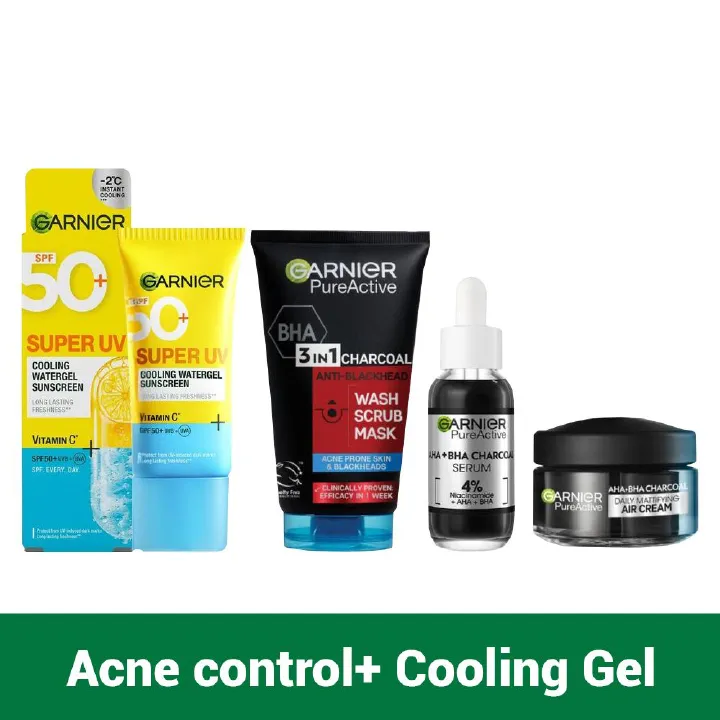【New Combo】Garnier Acne Control Kit+ Cooling Gel UV :  Pure Active Charcoal Wash+ Serum + Air Cream + Cooling Gel
