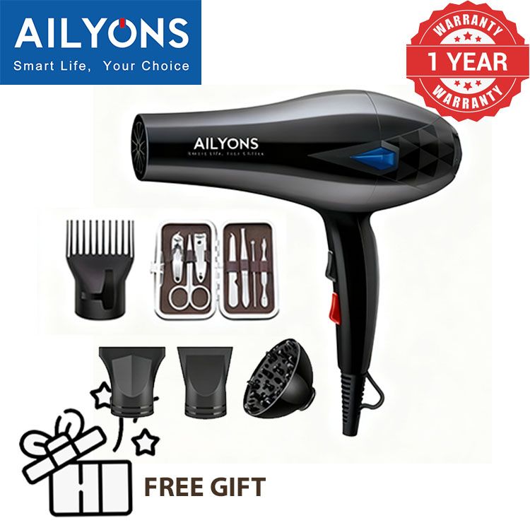 AILYONS Blow Dryer Hair Blower 2200W with 3 Speed & 3 Temperature Settings – Includes 4 Styling Nozzle & 1 Nail clipper set  for Versatile Hair Styling Electro Mate P1