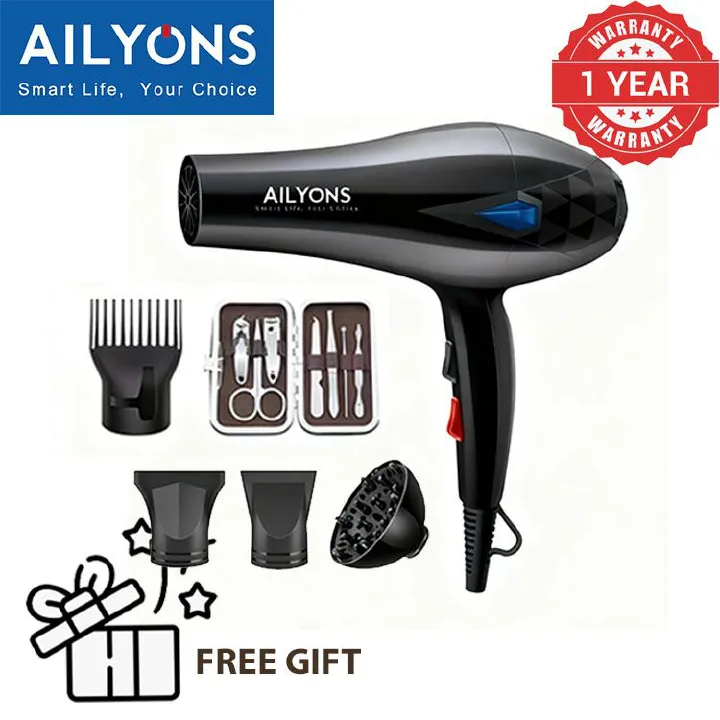 AILYONS Blow Dryer Hair Blower 2200W with 3 Speed & 3 Temperature Settings – Includes 4 Styling Nozzle & 1 Nail clipper set  for Versatile Hair Styling Electro Mate P1