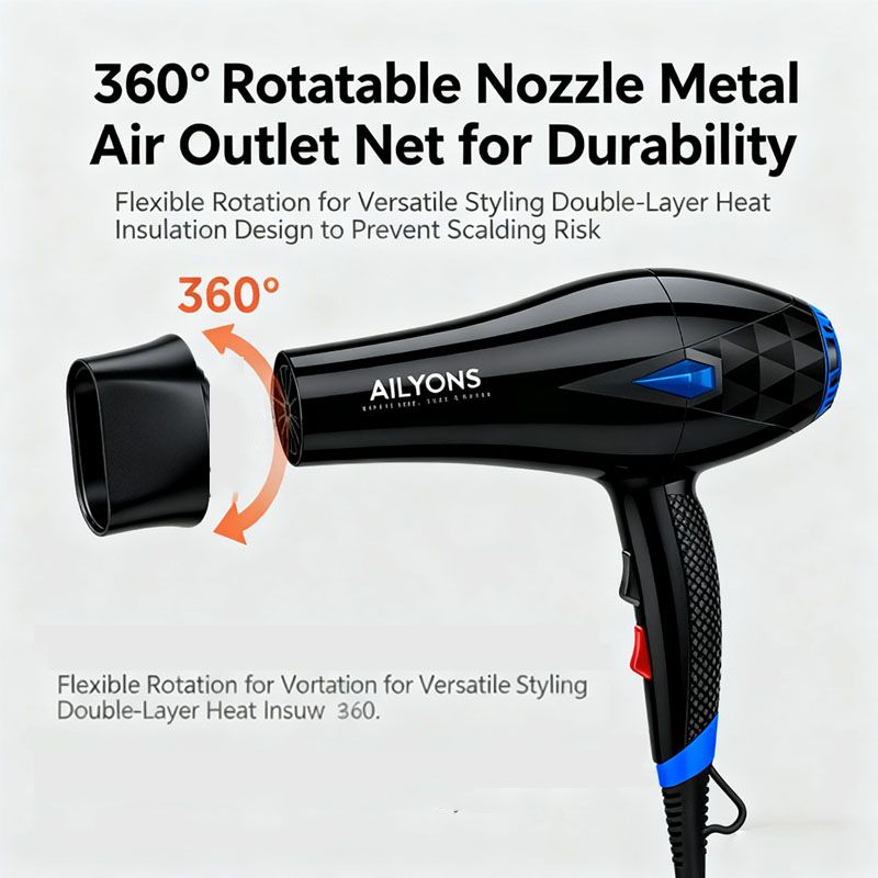 AILYONS Blow Dryer Hair Blower 2200W with 3 Speed & 3 Temperature Settings – Includes 4 Styling Nozzle & 1 Nail clipper set  for Versatile Hair Styling Electro Mate P1