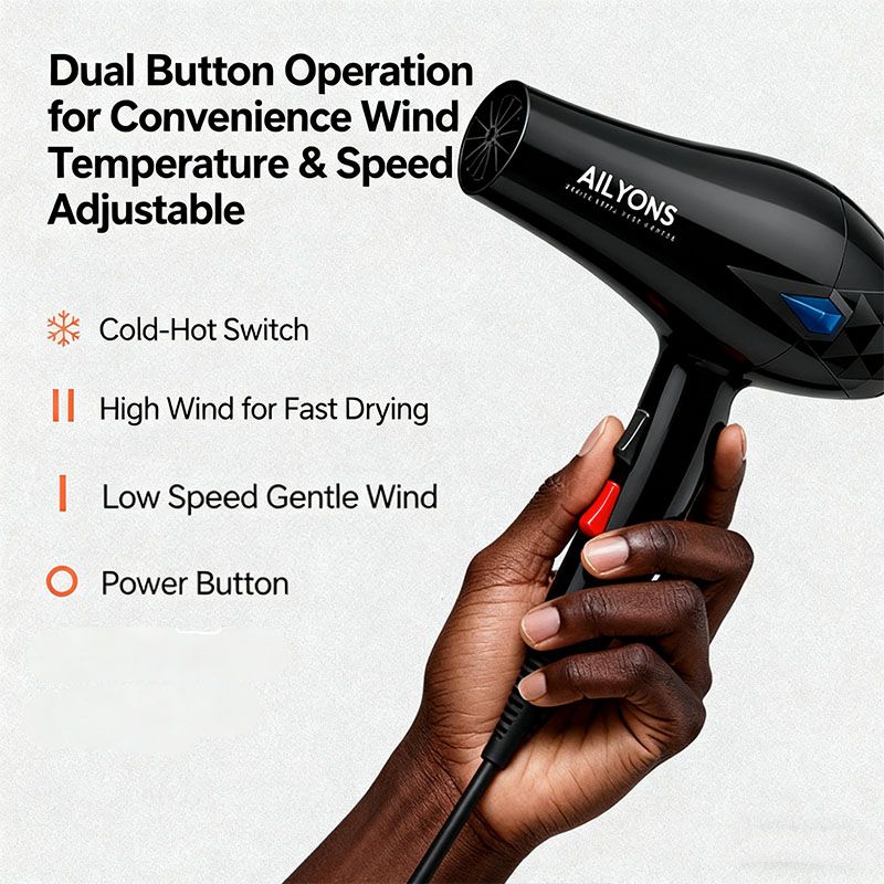 AILYONS Blow Dryer Hair Blower 2200W with 3 Speed & 3 Temperature Settings – Includes 4 Styling Nozzle & 1 Nail clipper set  for Versatile Hair Styling Electro Mate P1