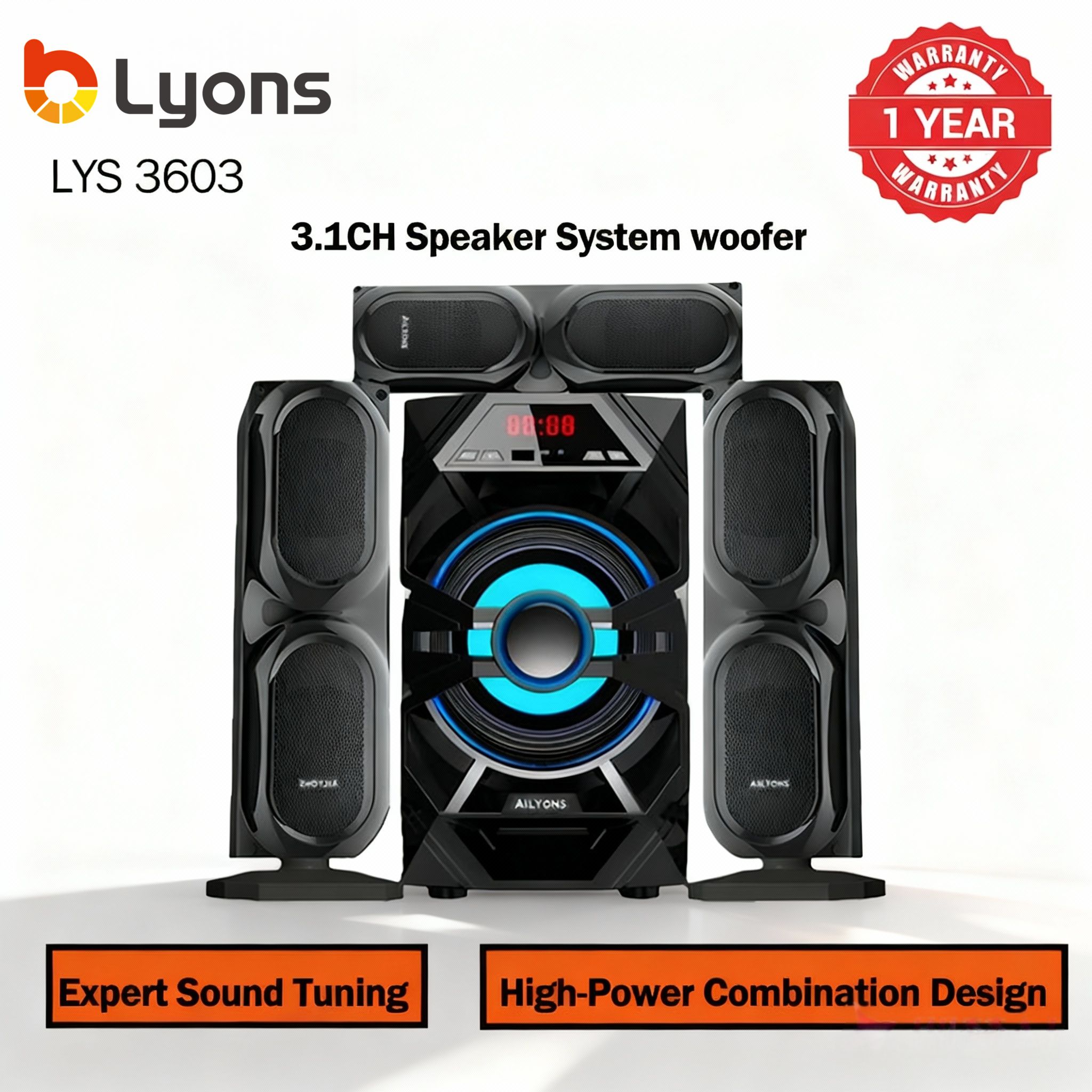 LYONS LYS3603 3.1CH Speaker System woofer Subwoofer  Multimedia  18000W PMPO Black 60W+15W×3【Hot！】