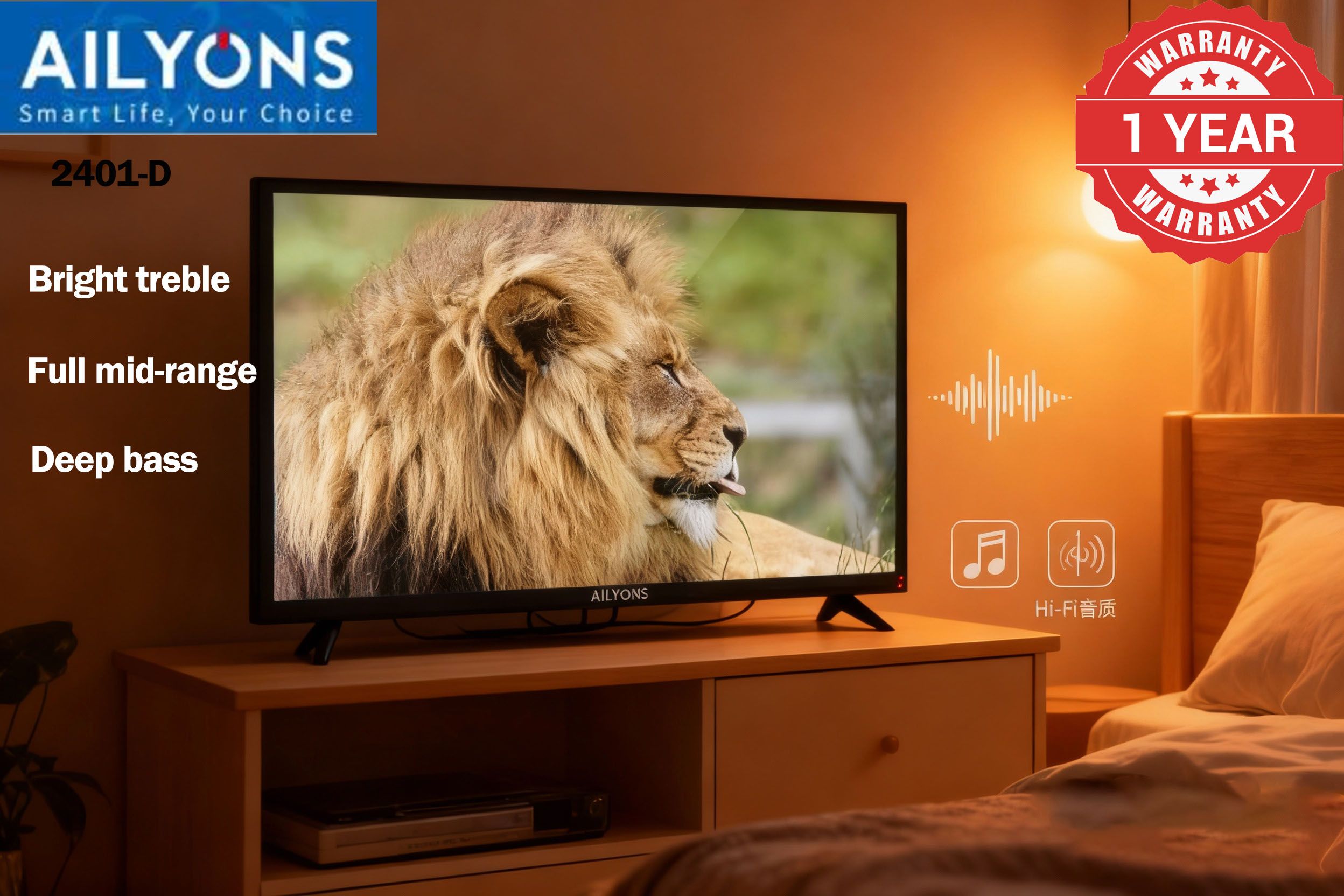 AILYONS 24" Digital LED TV AC/DC TV Original 1080P Energy Saving Televison - Black , (1YR WRTY) (Ailyons TV 2401-D)