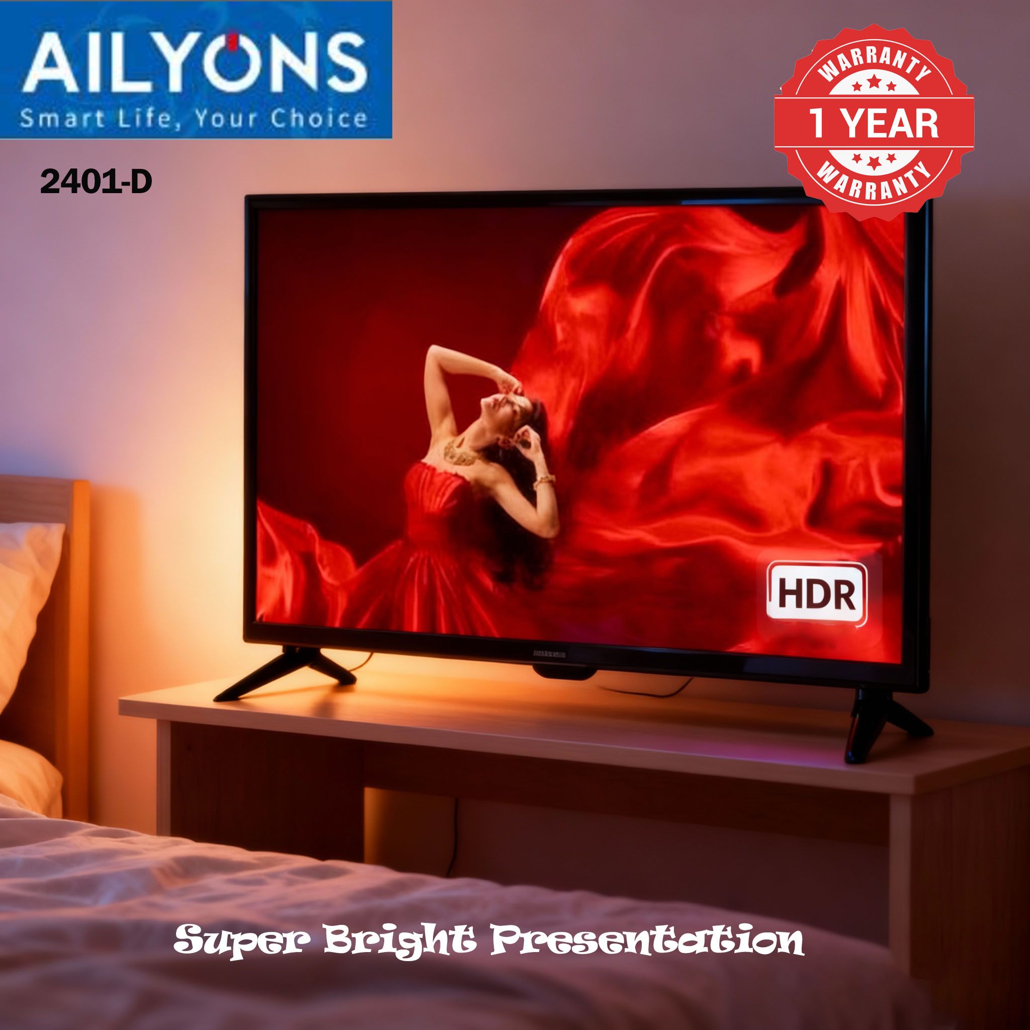AILYONS 24" Digital LED TV AC/DC TV Original 1080P Energy Saving Televison - Black , (1YR WRTY) (Ailyons TV 2401-D)