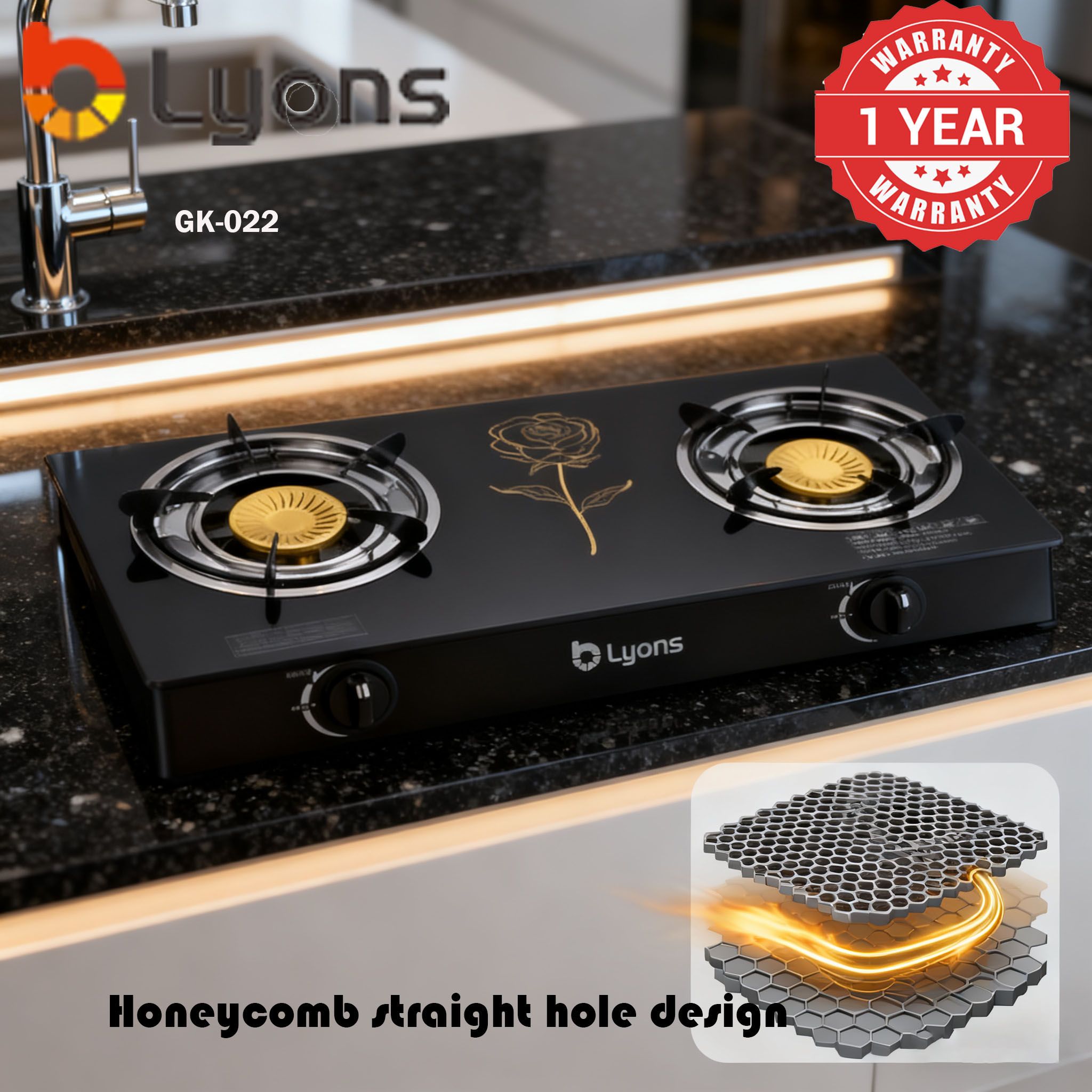 【HOT！!】LYONS GK-022 Glass Top Infrared Double Burner Gas stove Super Infrared Heater Saving Gas cooker Black