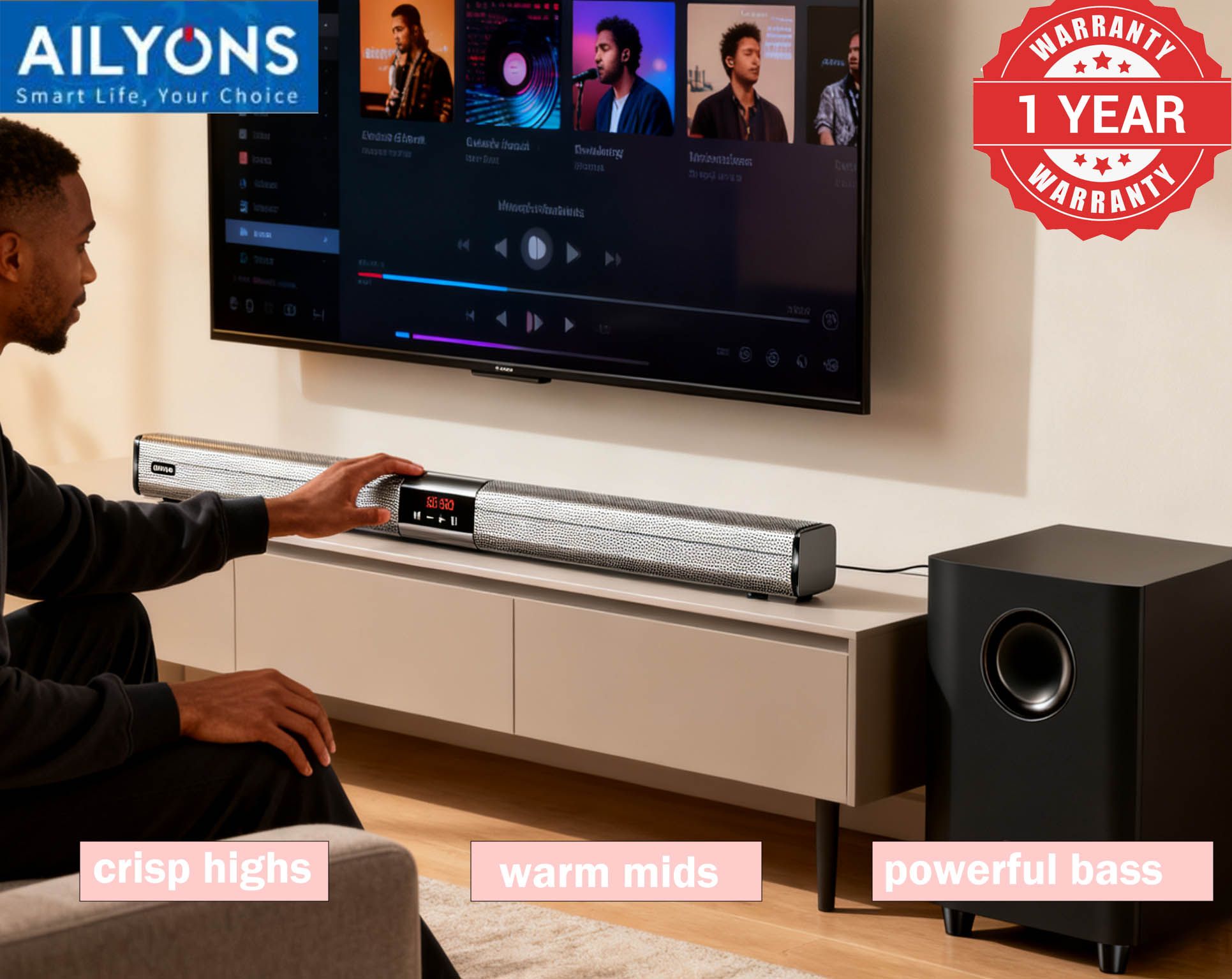 AILYONS SB401K 2.1CH Speaker System woofer Sound Bar Subwoofer Soundbar Multimedia  18000W PMPO Black 30W+15W×2【Hot！】