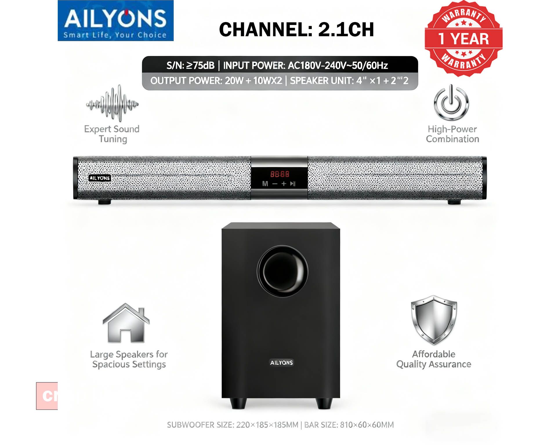 AILYONS SB401K 2.1CH Speaker System woofer Sound Bar Subwoofer Soundbar Multimedia  18000W PMPO Black 30W+15W×2【Hot！】