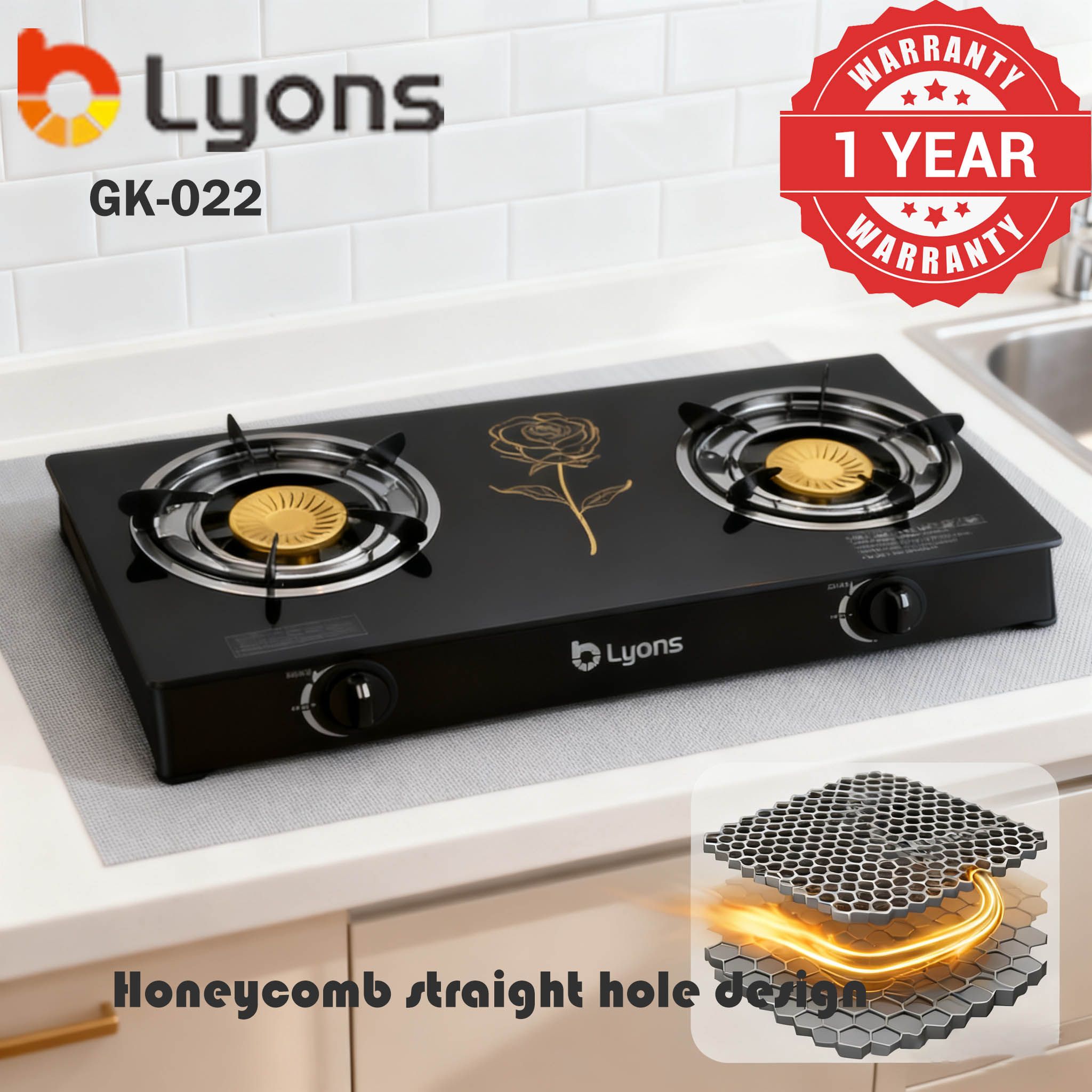 【HOT！!】LYONS GK-022 Glass Top Infrared Double Burner Gas stove Super Infrared Heater Saving Gas cooker Black