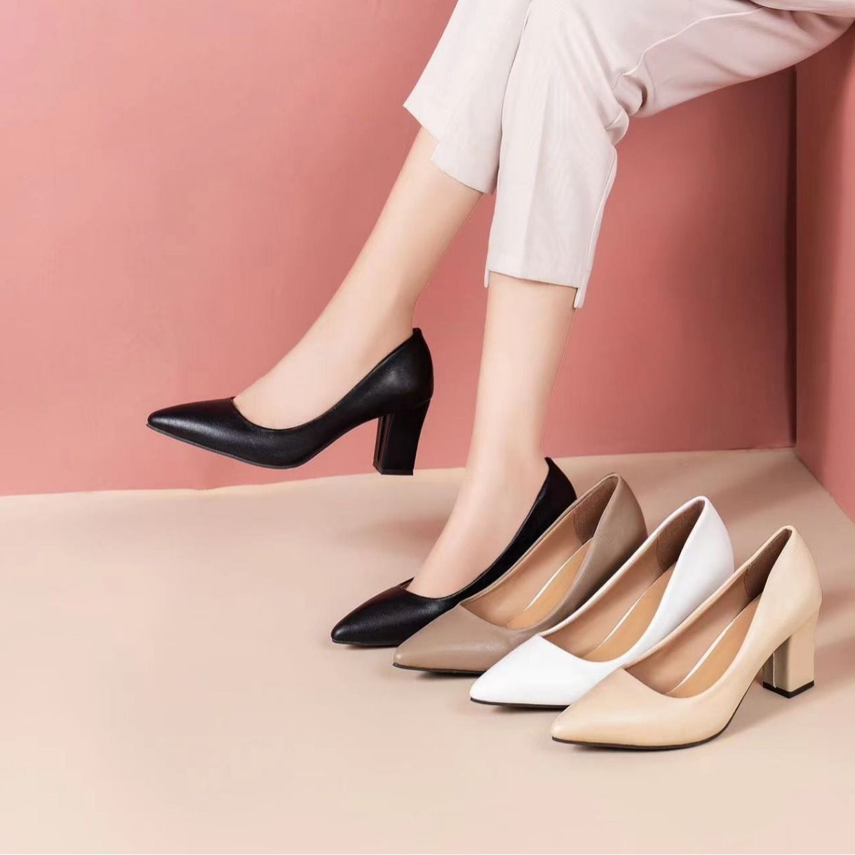 Women's shoes fashion single shoes women's block heel 2024 Autumn New Pointed-toe Work Shoes pumps slip-on Korean Version High heels simple women's high heels