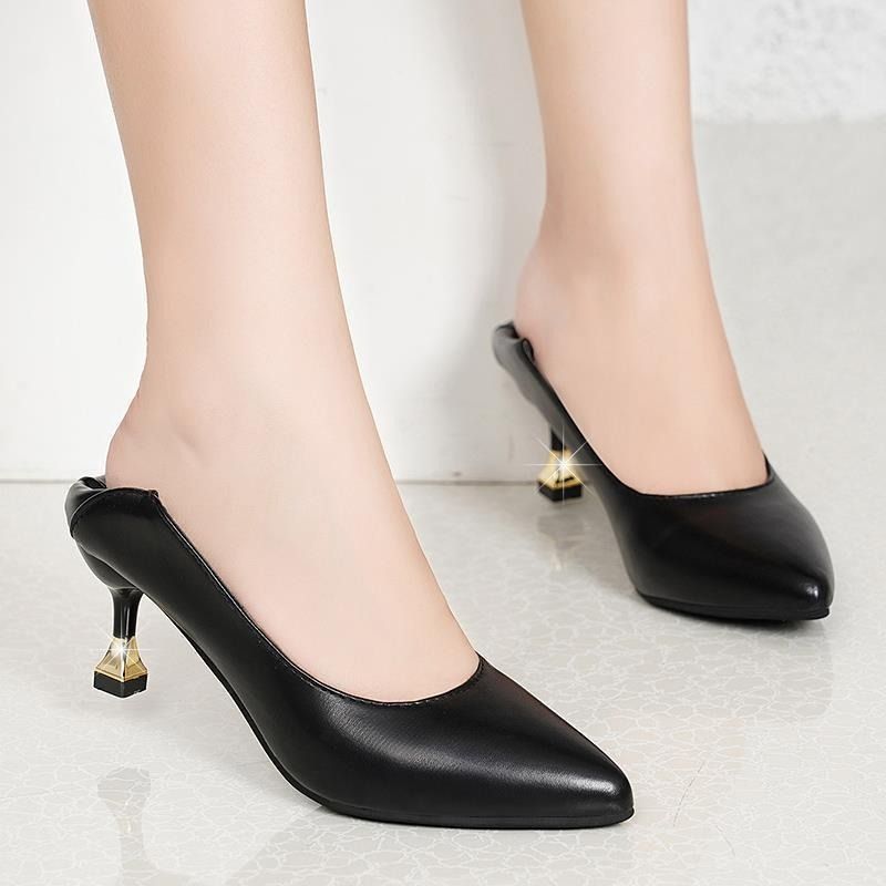 Two ways to wear, soft leather fashion, new net celebrity single shoes, high heels, women's shoes, stiletto heels, pointed toe cat heels, medium heels, professional work shoes, black