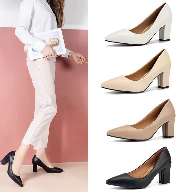 Women's shoes fashion single shoes women's block heel 2024 Autumn New Pointed-toe Work Shoes pumps slip-on Korean Version High heels simple women's high heels