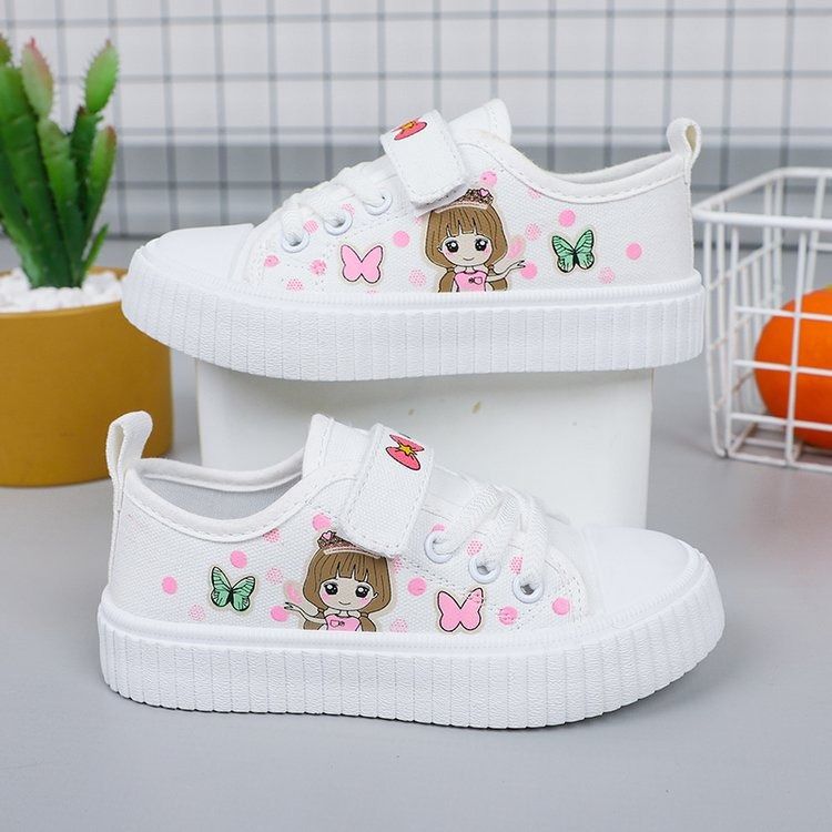 SIZE26-35 Children's Cartoon Canvas Shoes Girls' Flat Casual Sneakers Student Flat Light Jogging Board