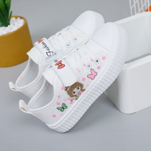 SIZE26-35 Children's Cartoon Canvas Shoes Girls' Flat Casual Sneakers Student Flat Light Jogging Board