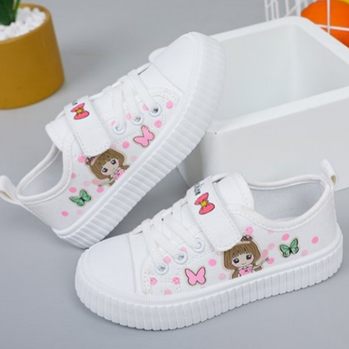 SIZE26-35 Children's Cartoon Canvas Shoes Girls' Flat Casual Sneakers Student Flat Light Jogging Board