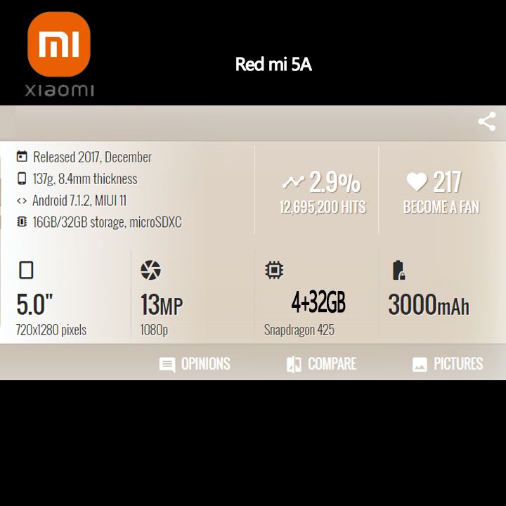 Refurbished xiaomi redmi 5A 4GB+32GB 5'' 3000mAh Battery Smart Phones Dual SIM 1300MP+5MP Camera Mobile phones Qualcomm Snapdragon 425 processor
