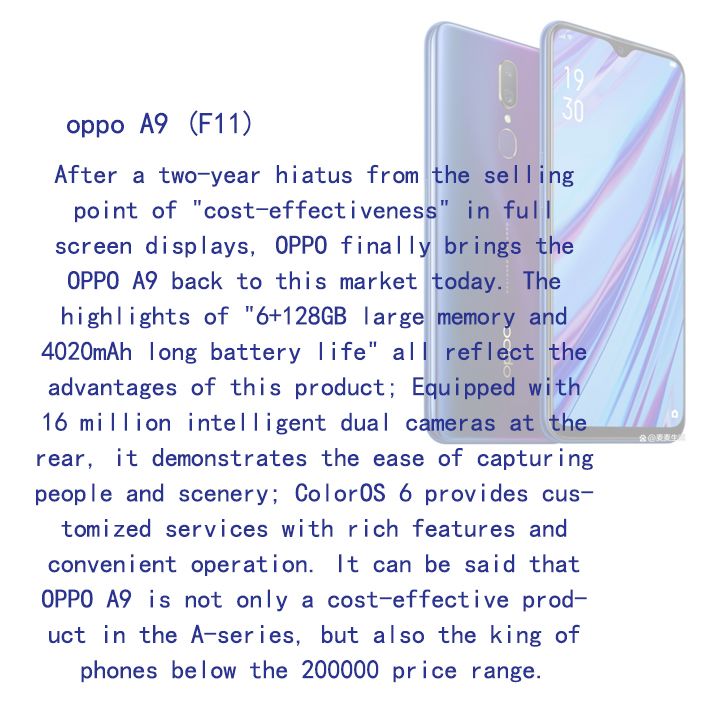 Refurbished OPPO A9 F11 128GB+6GB 6.5'' Face unlock 4040mAh Battery Smart Phones Dual SIM