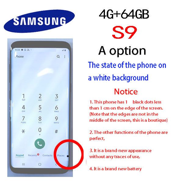 Refurbished Samsung s9 phone 100%Original 64GB Mobile Phone option A （edge dot）