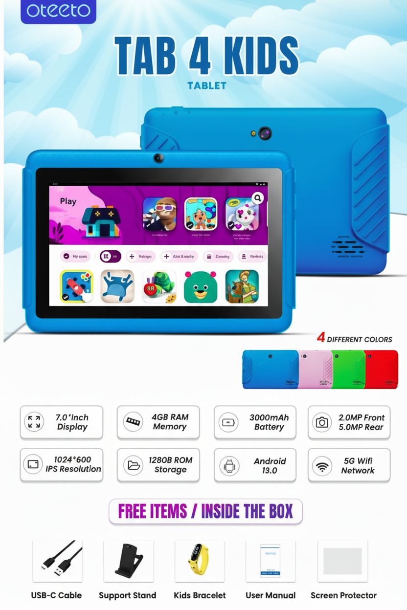 oteeto Tab 4 Kids WIFI Tablet, 7 Inch, 4GB Ram + 128GB Storage, 3000 mAh Battery, Free Screen Protector, cover and Kids Bracelet