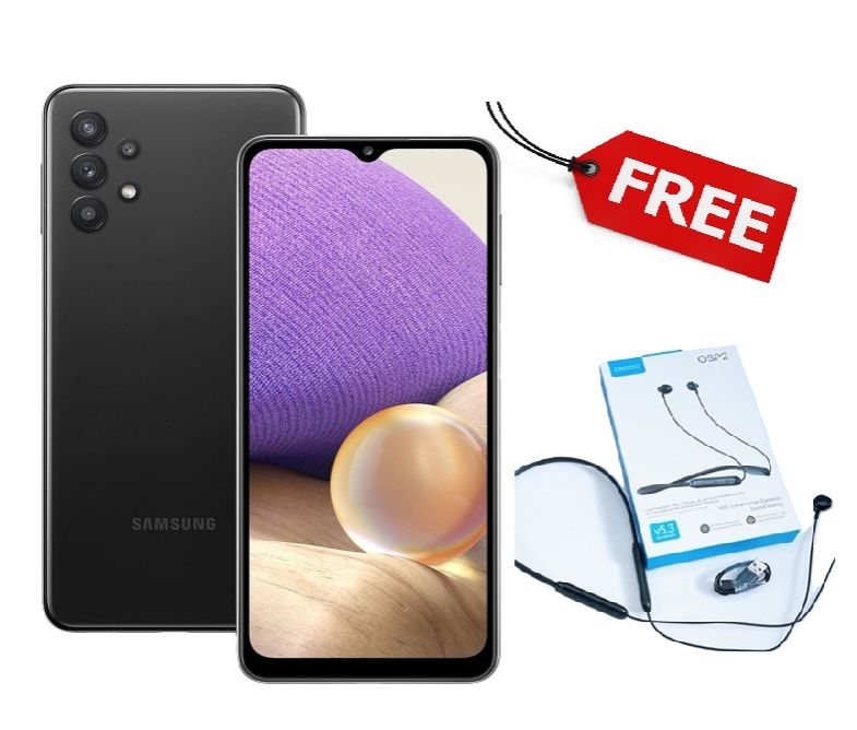 Samsung A32 , 4GB Ram ,128GB Storage, 64MP  Back Camera + 20 MP camera, 5000 mAh battery, Duo Sim Free TWS good quality ear buds.