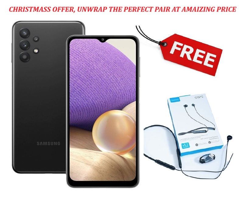 Samsung A32 , 4GB Ram ,128GB Storage, 64MP  Back Camera + 20 MP camera, 5000 mAh battery, Duo Sim Free TWS good quality ear buds.