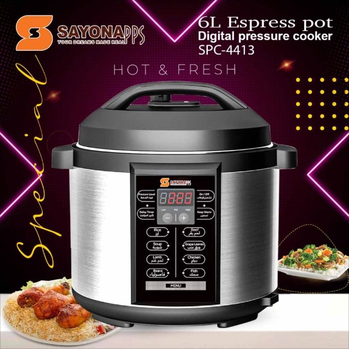 Sayona Electric Digital Pressure Cooker 6L(SPC-4413), Durable Aluminum Cooking Pot  Stylish Black Stainless Steel