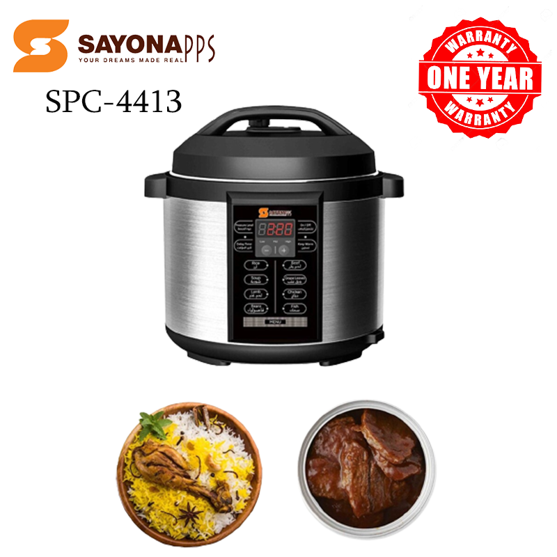 Sayona Electric Digital Pressure Cooker 6L(SPC-4413), Durable Aluminum Cooking Pot  Stylish Black Stainless Steel