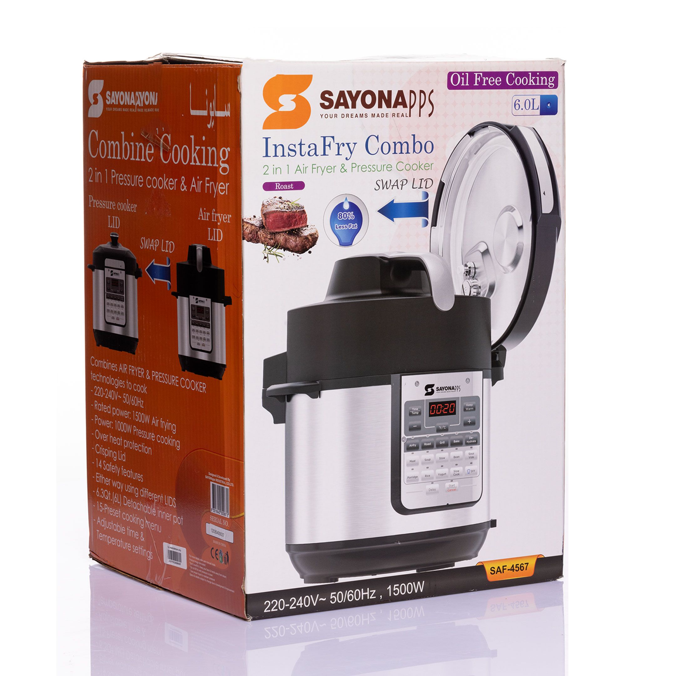 Sayona Instafry 2-in-1 Pressure Cooker Air Fryer Combo (SAF 4567) Both Air Fryer/Pressure