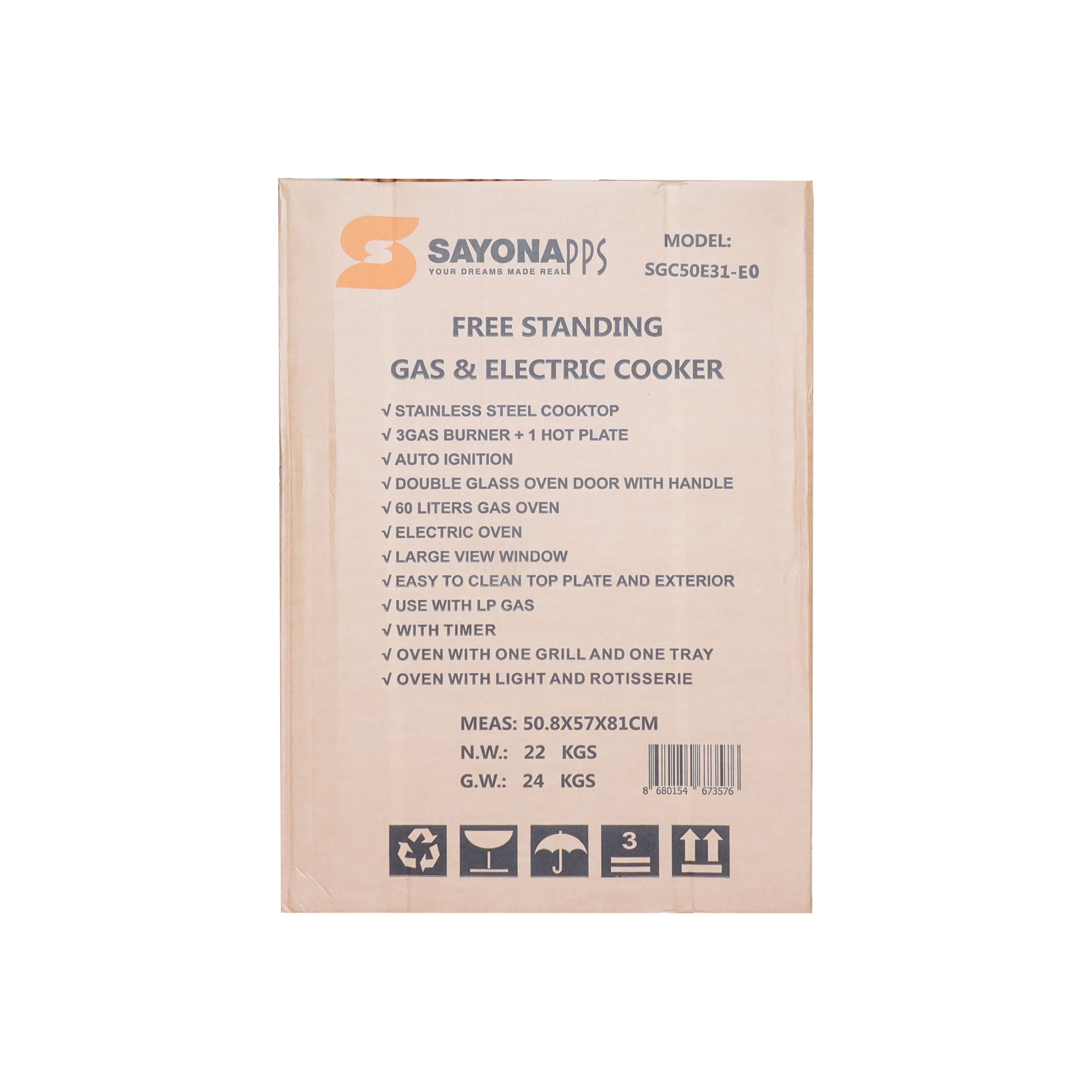 FREE GIFT!! Sayona SGC50E31-EO Free Standing Electric Cooker, 50*55 Size with Electric oven 3 gas burners and 1 electric plate Standing Gas Cooker(Free powerbank)