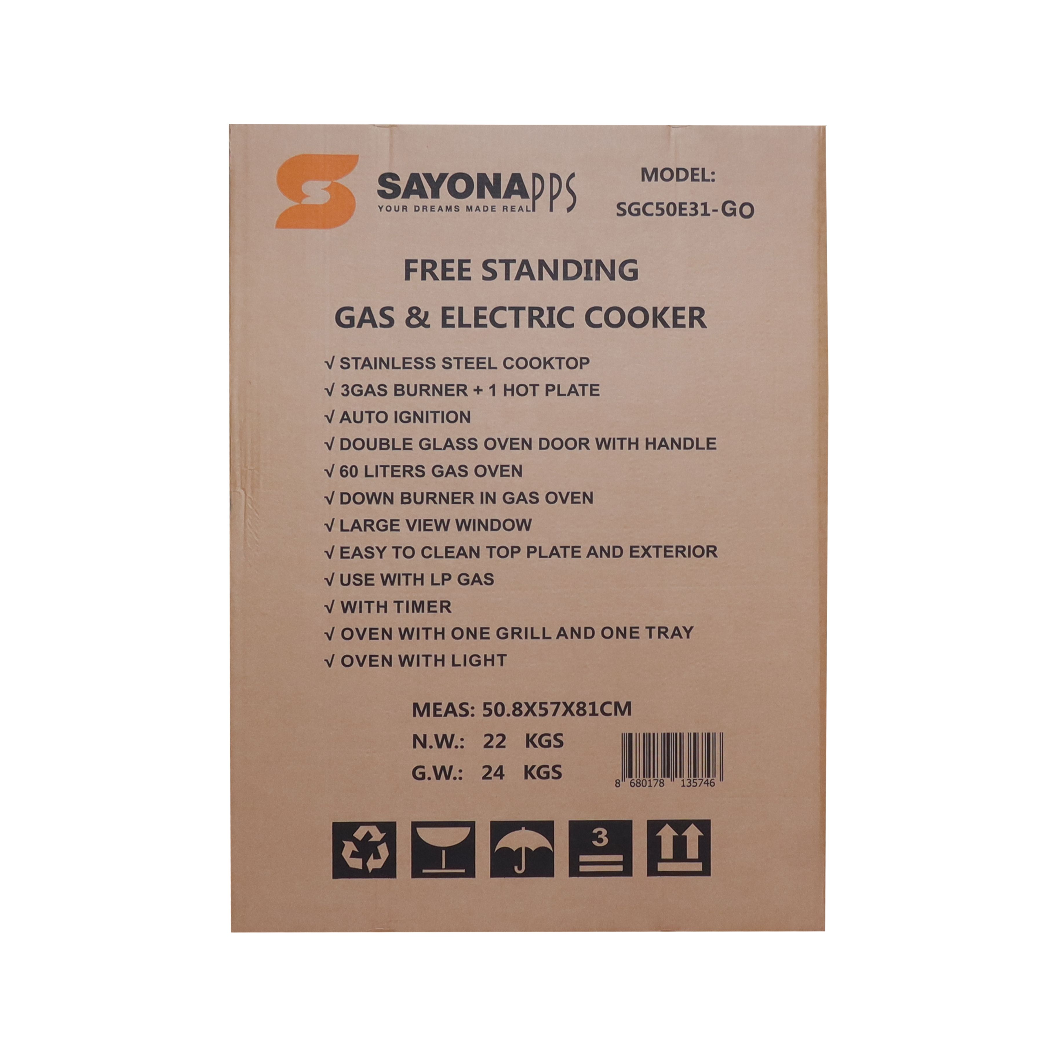 New Arrival Sayona SGC 50E31-GO Free Standing Gas Cooker, 50*55 Size with Gas oven 3 gas burners and 1 electric plate Standing Gas Cookers