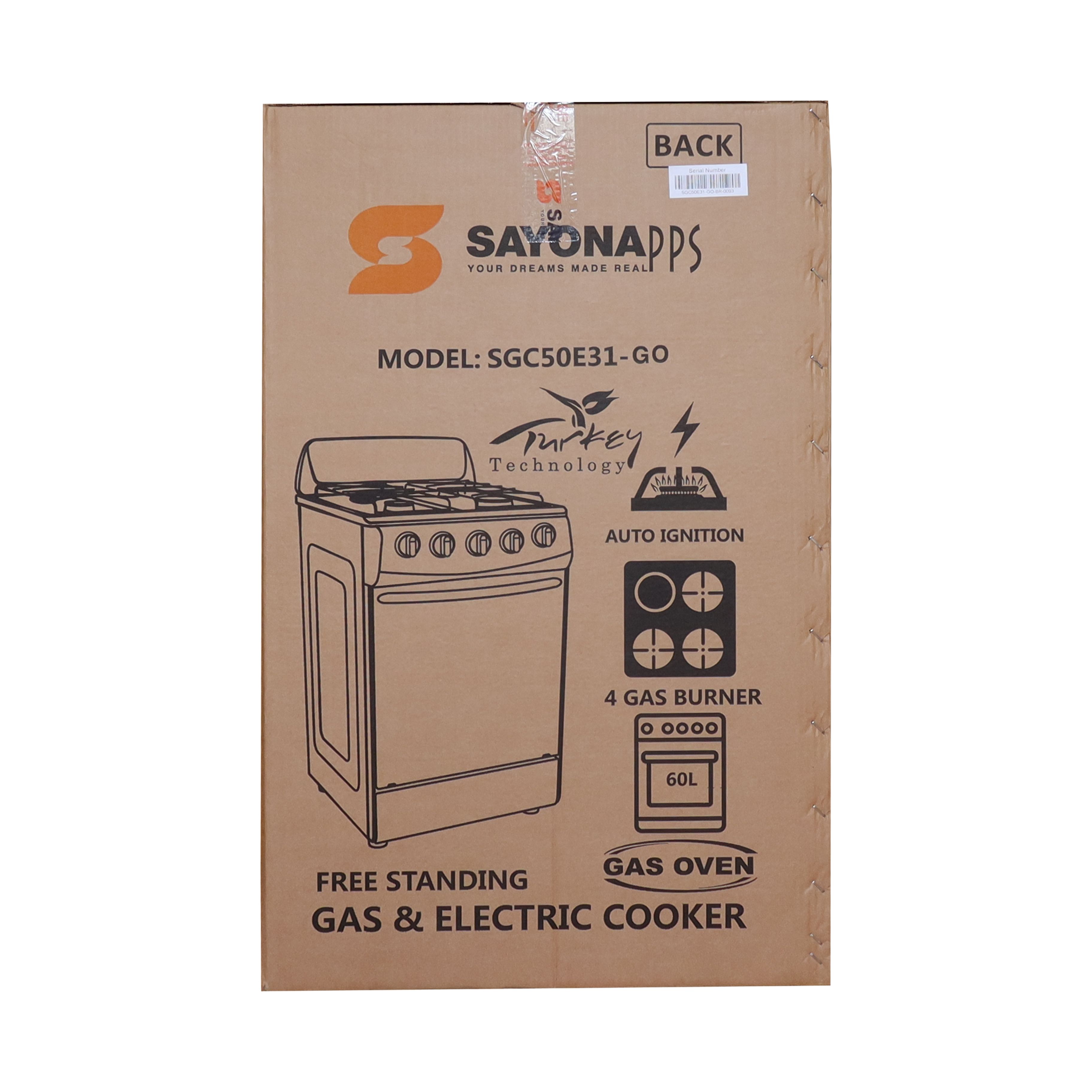 New Arrival Sayona SGC 50E31-GO Free Standing Gas Cooker, 50*55 Size with Gas oven 3 gas burners and 1 electric plate Standing Gas Cookers