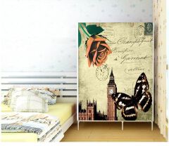 [Sale]Jaza Keja Portable 3 Columns Metallic Wardrobe Closet Clothes Organizer Cartoon Cover with 6 Storage Shelves 2 Hanging Sections Pink Love Gift