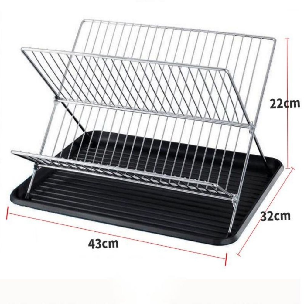 Jaza Keja Foldable Dish Drying Rack with Drip Tray Stainless Steel 2 Tier Dish Drainer Rack Collapsible Dish Drainer