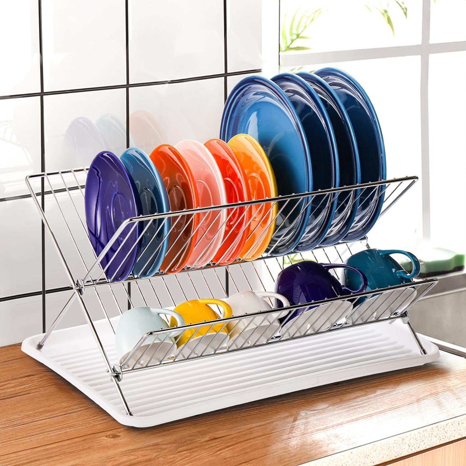 Jaza Keja Foldable Dish Drying Rack with Drip Tray Stainless Steel 2 Tier Dish Drainer Rack Collapsible Dish Drainer